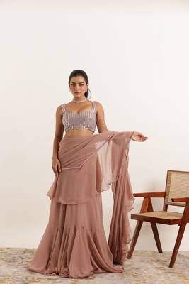 ready to wear mauve chiku ruffle lehenga saree set 3