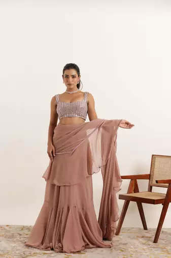 ready to wear mauve chiku ruffle lehenga saree set