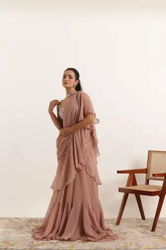 ready to wear mauve chiku ruffle lehenga saree set
