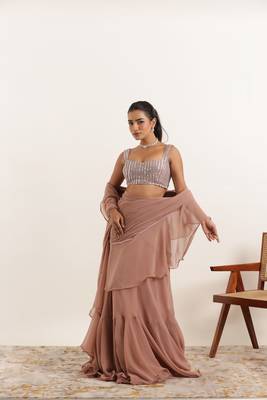 ready to wear mauve chiku ruffle lehenga saree set 5