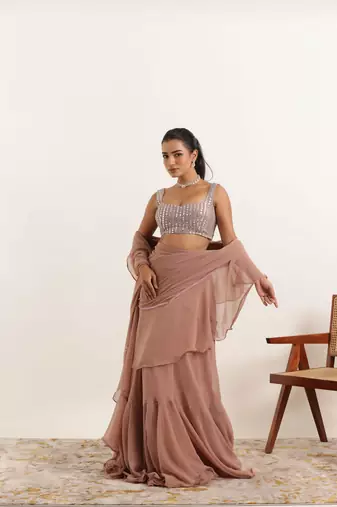ready to wear mauve chiku ruffle lehenga saree set