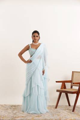 pre draped powder blue ruffle lehenga saree 1