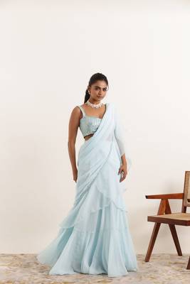 pre draped powder blue ruffle lehenga saree 2