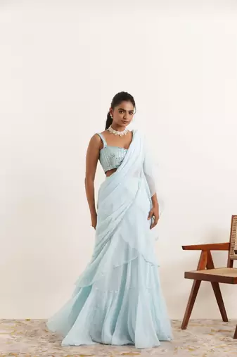 pre draped powder blue ruffle lehenga saree