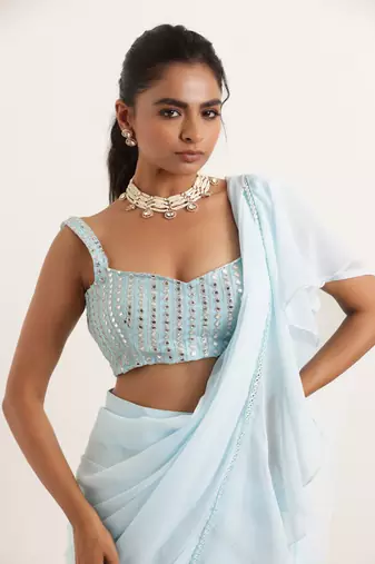 pre draped powder blue ruffle lehenga saree