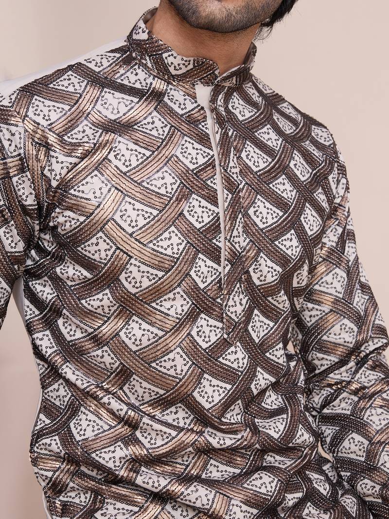 Beige pure silk thread & sequence embroidered work kurta pant set