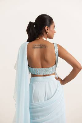 pre draped powder blue ruffle lehenga saree 4
