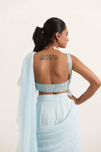 pre draped powder blue ruffle lehenga saree