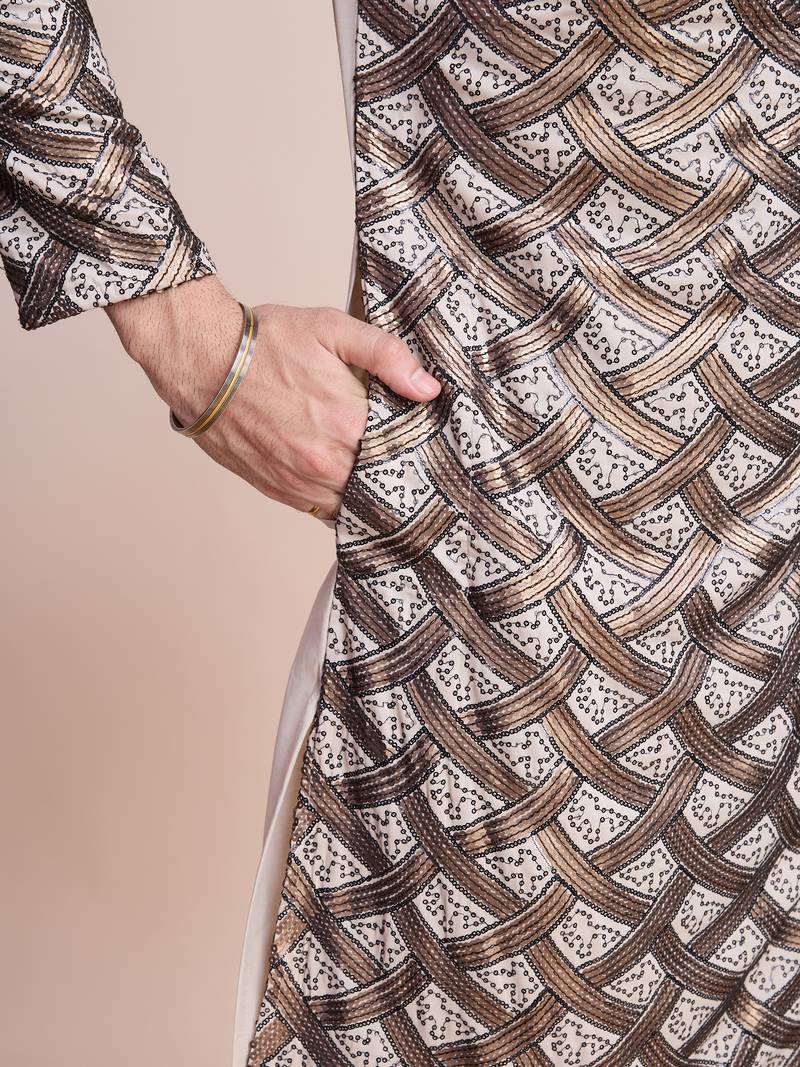 Beige pure silk thread & sequence embroidered work kurta pant set
