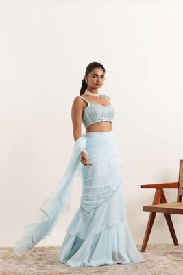 pre draped powder blue ruffle lehenga saree 5