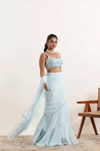 pre draped powder blue ruffle lehenga saree
