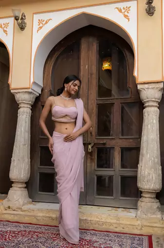 pre-stitched oyster embellished draped saree