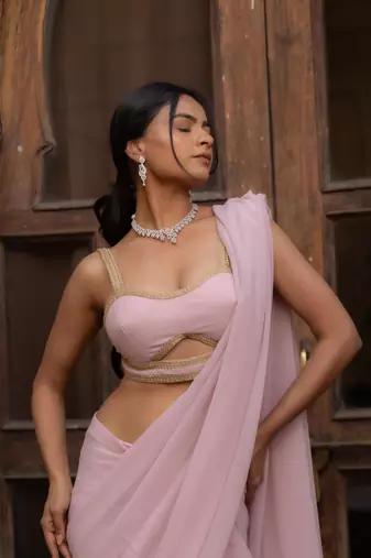 pre-stitched oyster embellished draped saree