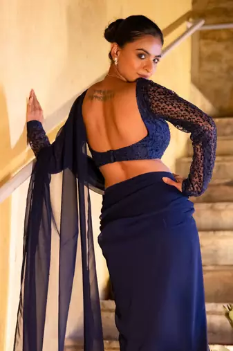 ready to wear embroidered navy blue saree