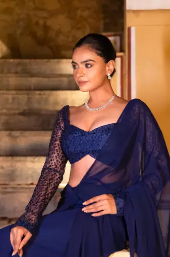 ready to wear embroidered navy blue saree