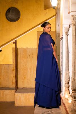 ready to wear embroidered navy blue saree 5