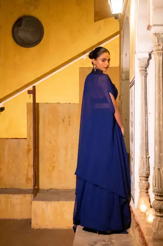 ready to wear embroidered navy blue saree