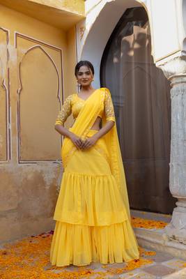 ready made bright yellow embroidered ruffle saree 1