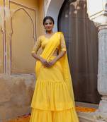 ready to wear bright yellow embroidered ruffle saree