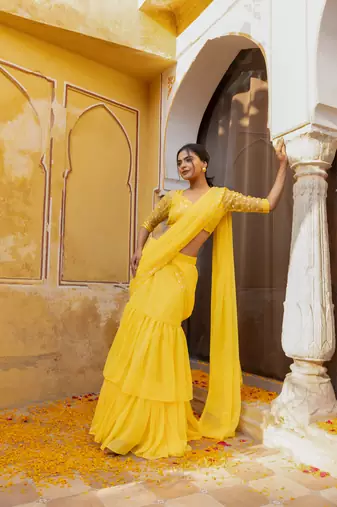 ready made bright yellow embroidered ruffle saree