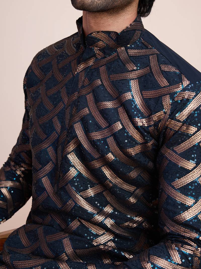 Navy Blue  pure silk thread & sequence embroidered work kurta pant set