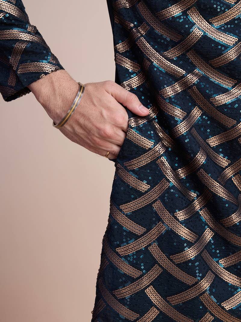 Navy Blue  pure silk thread & sequence embroidered work kurta pant set