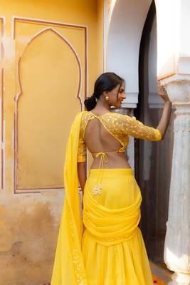 ready made bright yellow embroidered ruffle saree 4