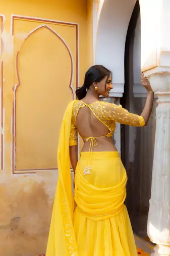 ready made bright yellow embroidered ruffle saree