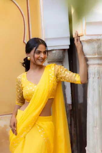 ready made bright yellow embroidered ruffle saree