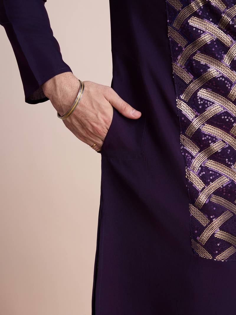 Purple pure silk thread & sequence embroidered work kurta