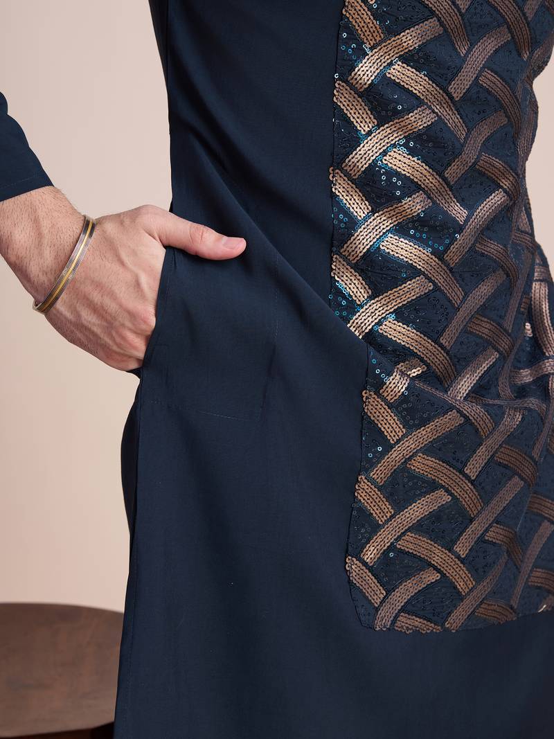 Navy Blue pure silk thread & sequence embroidered work kurta