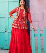 red Women's festive wear bandhej lehenga with crop top and jacket