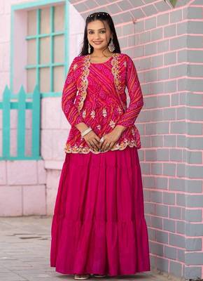 rani pink Women's festive wear bandhej lehenga with crop top and jacket 1