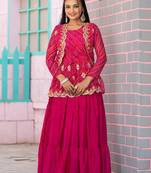 rani pink Women's festive wear bandhej lehenga with crop top and jacket