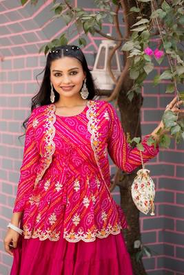 rani pink Women's festive wear bandhej lehenga with crop top and jacket 2