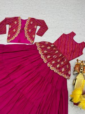 rani pink Women's festive wear bandhej lehenga with crop top and jacket 3