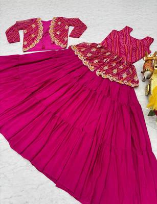 rani pink Women's festive wear bandhej lehenga with crop top and jacket 4