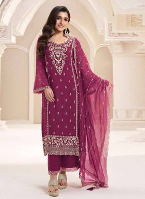 Violet silk chiffon embroidered salwar suit 1