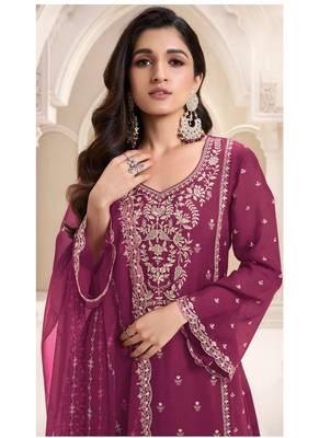 Violet silk chiffon embroidered salwar suit 2
