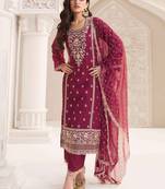 Maroon silk chiffon embroidered salwar suit