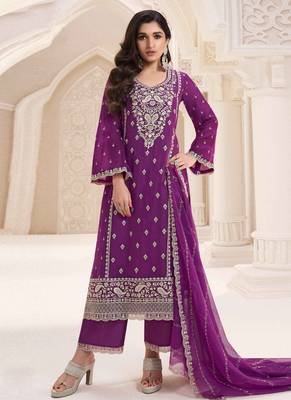 Wine silk chiffon embroidered salwar suit 1