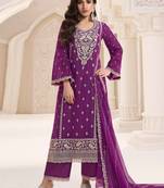 Wine silk chiffon embroidered salwar suit