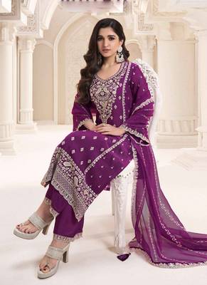 Wine silk chiffon embroidered salwar suit 2
