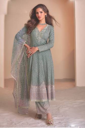 Grey georgette embroidered Palazzo suit