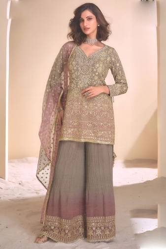 Light brown real georgette embroidered plazzo suit