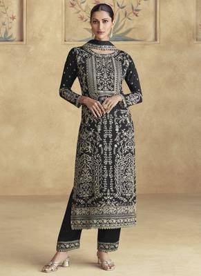Black chinon silk embroidered palazzo suit 1