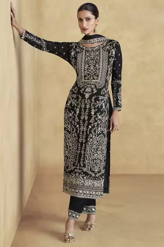 Black chinon silk embroidered palazzo suit