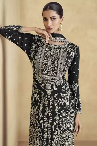 Black chinon silk embroidered palazzo suit
