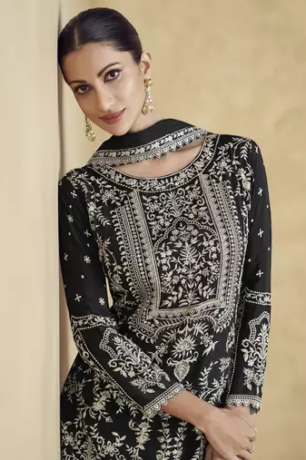 Black chinon silk embroidered palazzo suit