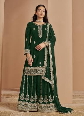 Green embroidery faux georgette palazzo 1